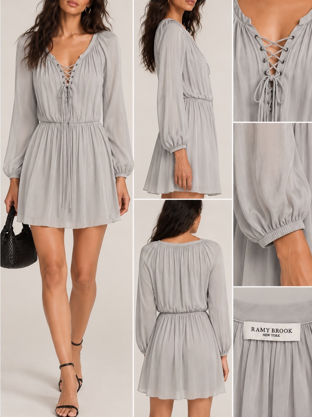 Ramy Brook Boho Light Gray Lace-Up Long Sleeve Mini Dress